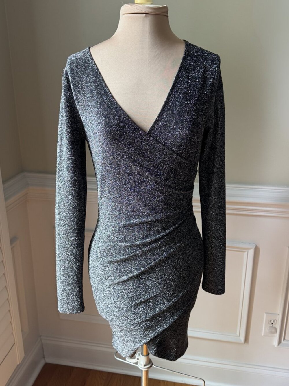 Forever 21 Silver Shimmer Long Sleeve Cocktail Dress - Size M